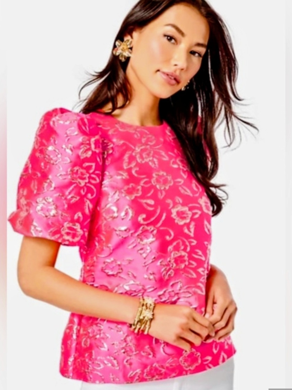 NWOT Lily Pulitzer Gold Floral Brocade Pratt Short Sleeve Top